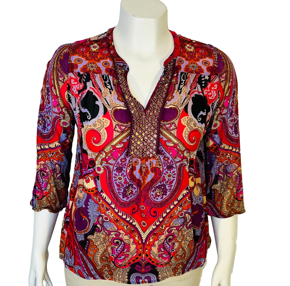 bila Peasant Top Blouse Womens XL fits M/L Purple Red Beaded V-Neck 3/4 Sleeve